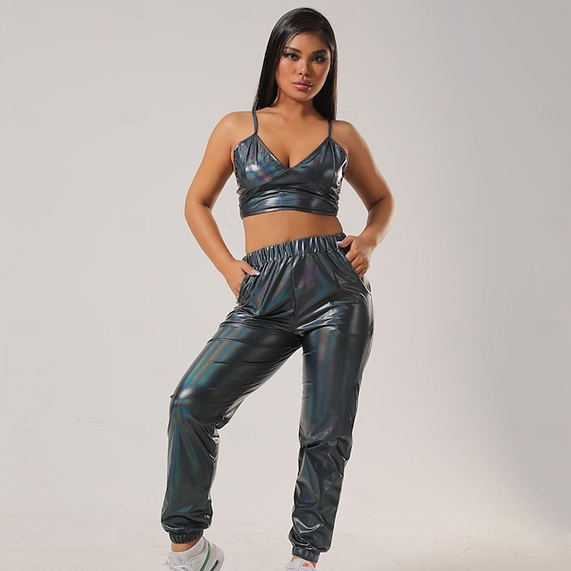  Set with Shiny Metallic Camisole Cargo Pants 2 PCS 1980s Hip Pop Outfits Abba Costume Women's Cosplay Costume Carnival Club Party