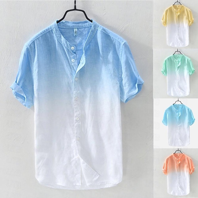  Homme Chemise Chemise Lin Chemise en lin et coton Chemise boutonnée Chemisette Chemise d'été Chemise de plage Jaune Bleu Orange Manche Courte Dégradé Col Mao Eté Plein Air Hawaïen Vêtement Tenue