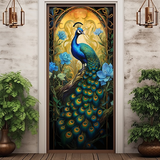  ציור טווס דלת מכסה דלת שטיח דלת וילון קישוט רקע דלת באנר לדלת הכניסה בית חווה אספקת עיצוב מסיבת חג