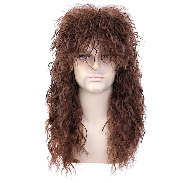  Мужские и женские длинные коричневые вьющиеся волосы в стиле рок-звезды 80-х, парик в стиле панк-рок, глэм-рок-рокерский парик, идеально подходящий для Хэллоуина, косплей, тематическая костюмированная