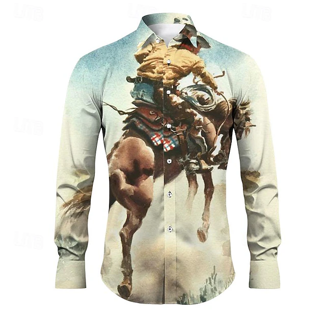 Kentucky Derby Men's Cowboy Shirt Western Shirt Cowboy Shirt Long Sleeve Vintage Western Style Outdoor Street Casual Daily Fall & Winter Turndown Buttons Print Blue Orange khaki Gray 6