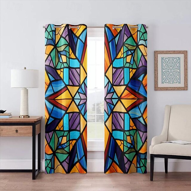  2 Panels 100% Blackout Curtain Stained Glass Star Curtain Drapes For Living Room Bedroom Kitchen Window Treatments Thermal Insulated Room Darkening