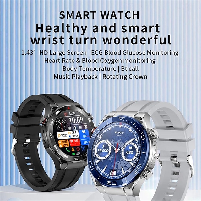 ceas inteligent x100 bărbați apel bluetooth 1.43 inch ecran mare ceas de mână ecg glicemie monitorizare sănătate sport fitness smartwatch