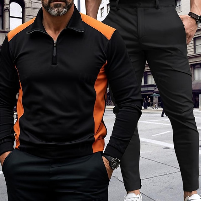  Męskie Pasujące zestawy Czarny Koszulka z zamkiem ćwiartkowym Koszula golfowa Spodnie Typu Chino Spodnie chinosy Zestawy Długi rękaw Quarter Zip Urlop Codzienne Kolorowy blok 2-częściowa Poliester