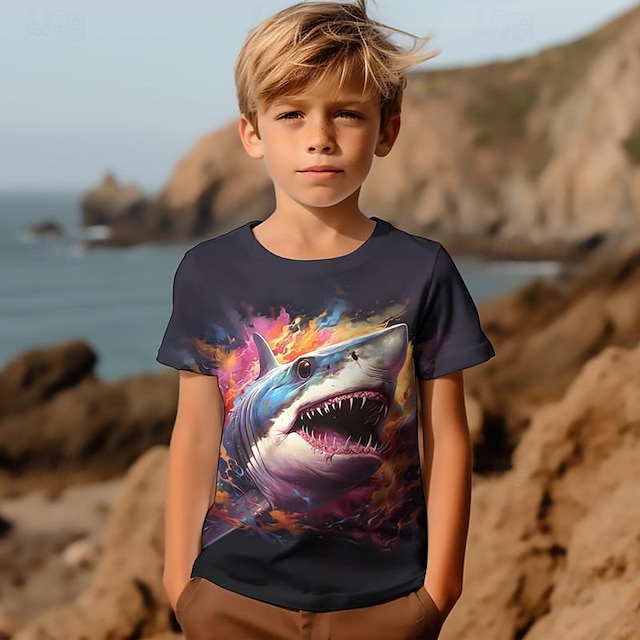  Drenge 3D Haj T-shirt Skjorte Kortærmet 3D-udskrivning Sommer Aktiv Sport Mode Polyester Børn 3-12 år Rund hals udendørs Afslappet Daglig Regulær