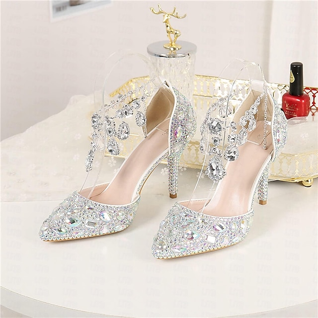  Damen Hochzeit Schuhe Pumpen Glitzer Kristall Pailletten Juwelen Brautschuhe Quaste Stöckelabsatz Spitze Zehe Elegant PU Schnalle Silber Hellgelb Gelb