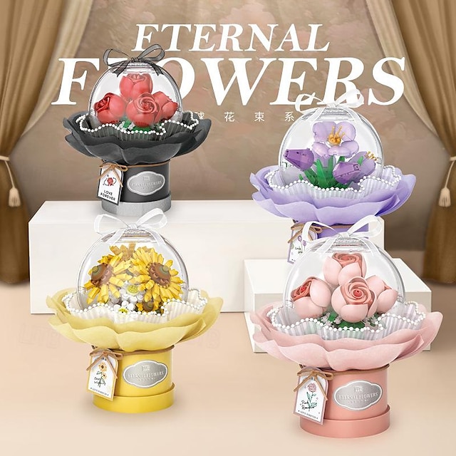  bouquet di simulazione di piccole particelle assemblato con elementi costitutivi per regalare alla fidanzata e al migliore amico un secchiello da abbraccio creativo per San Valentino