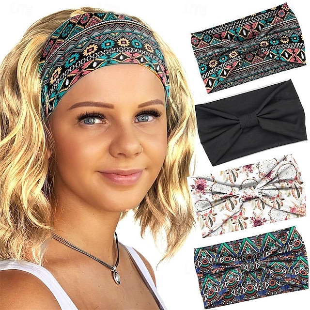  Bohemian-Feder-Print-Stirnband, Damen-Sport-Stirnband, Knoten-Retro-Kopftuch mit breitem Rand