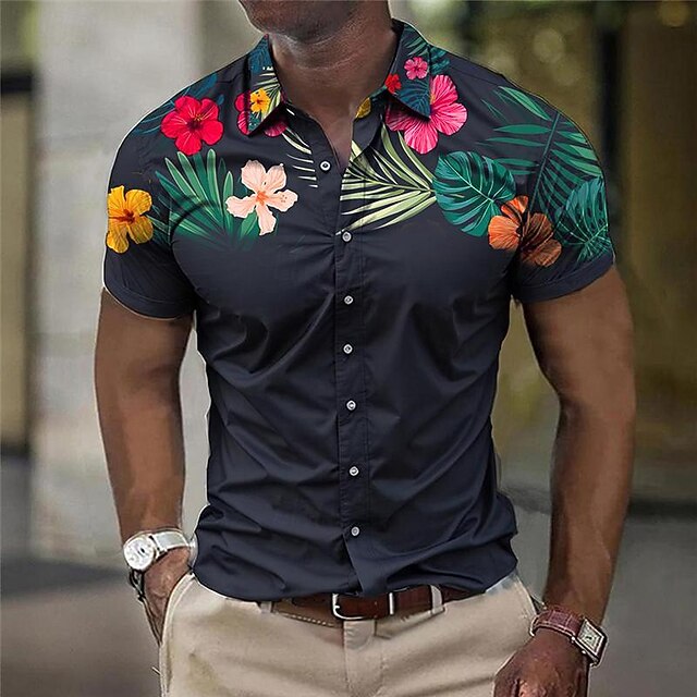 Men's Floral Button Up Shirt Printed Shirts Short Sleeve Business Casual Outdoor Street Wear to work Summer Turndown Print Button-Down Black Burgundy Navy Blue 6