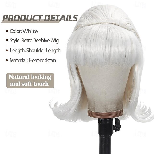  Beehive peruka białe peruki z lat 70. dla kobiet z grzywką retro kręcone włosy syntetyczne peruki w stylu vintage drag queen