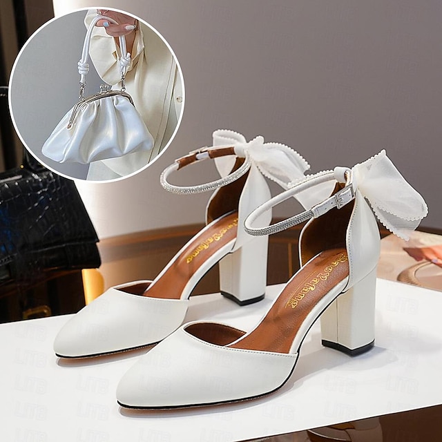  pantofi și genți seturi asortate pentru petrecerea de seară ziua îndrăgostiților pantofi de nuntă damă pompe tocuri de nuntă pantofi de mireasă pantofi de domnișoară de onoare strasuri toc gros vârf rotund cu poșete albe