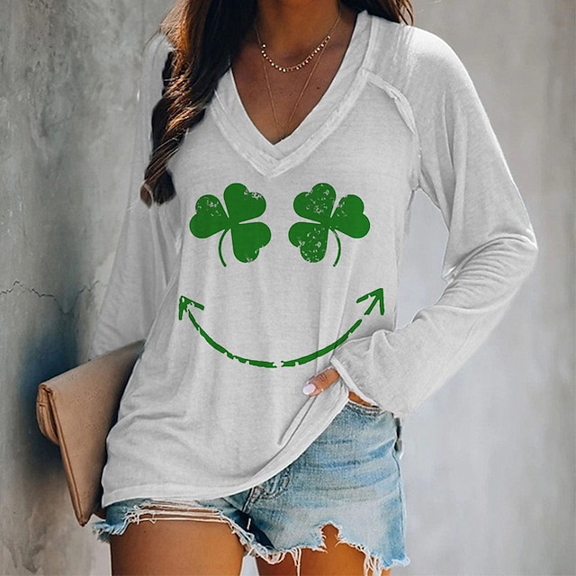  Damen T Shirt Kleeblatt Mode Langarm V Ausschnitt Normale Oberteile St.Patrick's Day Lässig Druck Gras-Grün Weiß Hellgrün Dunkelgrün Grün Frühling & Herbst