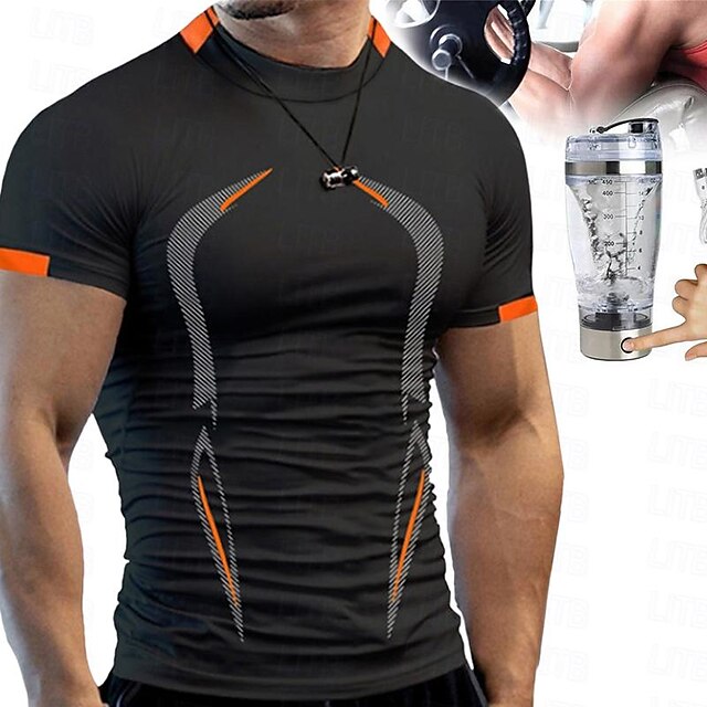  sæt med kompressionsskjorte til mænd løbeskjorte kortærmet t-shirt bærbar USB genopladelig proteinshakerflaske 2 stk aktivtøj til mænd mode sport