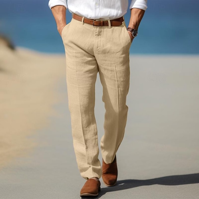  Bărbați Pantaloni de in Pantaloni Pantaloni de vară Pantaloni de plajă Buzunar frontal Picior drept Simplu Confort Respirabil Oficial Afaceri Concediu Amestec de Lână / Bumbac Modă De Bază Alb