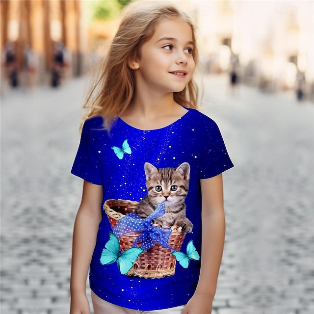  女の子 3D 猫 バタフライ Ｔシャツ シャツ 半袖 3Dプリント 夏 活発的 ファッション かわいいスタイル ポリエステル 子供 3〜12年 クルーネック アウトドア カジュアル 日常 レギュラー