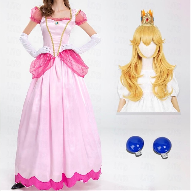  Fairytale Princess Peach Cosplay Costume Vacation Dress Women's Movie Cosplay Sweet Rosy Pink Dress Masquerade Polyester With Costume Wig