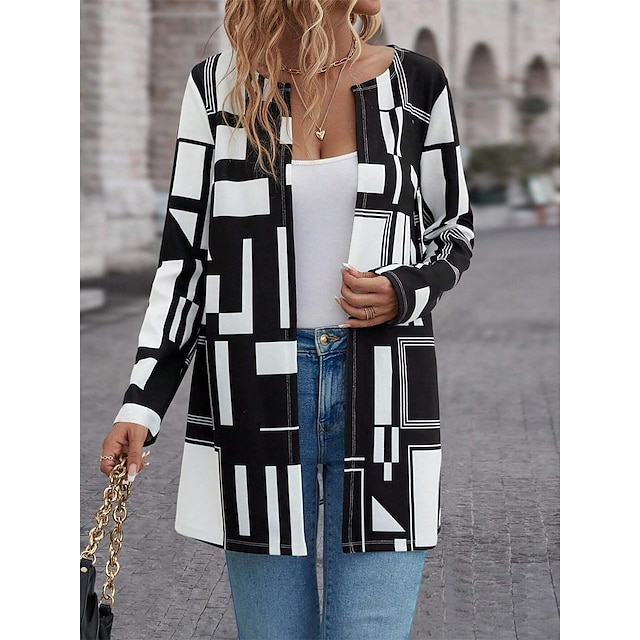  Women's Casual Jacket Breathable Outdoor Daily Wear Vacation Going out Print Open Front Crewneck Active Modern Street Style Geometric Regular Fit Outerwear Long Sleeve Fall Winter Black S M L XL XXL