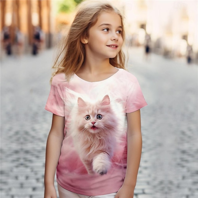  女の子 3D 猫 Ｔシャツ シャツ ピンク 半袖 3Dプリント 夏 活発的 ファッション かわいいスタイル ポリエステル 子供 3〜12年 クルーネック アウトドア カジュアル 日常 レギュラー