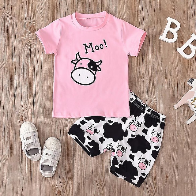  футболка для девочек с 3D коровами & Шорты, пижамный комплект, розовый, с короткими рукавами, 3d принтом, летние, активные, модные, милые, из полиэстера, для детей от 3 до 12 лет, с круглым вырезом,