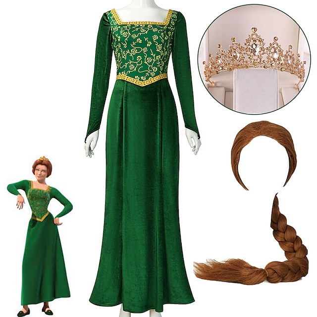  Fiona-Kostüm für Damen, Prinzessin, Fiona-Kleid, Shrek, mittelalterliches Renaissance-Kleid, lange Ärmel, grünes Kleid, Halloween-Cosplay-Party-Outfit mit Kostüm-Perücken