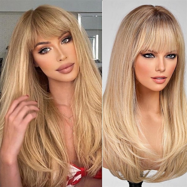  Blonde Long Layered Wig with BangsStraight Hair Wigs for WomenSynthetic Heat Resistant Natural Looking Hair Wig for Party Cosplay Dality Use