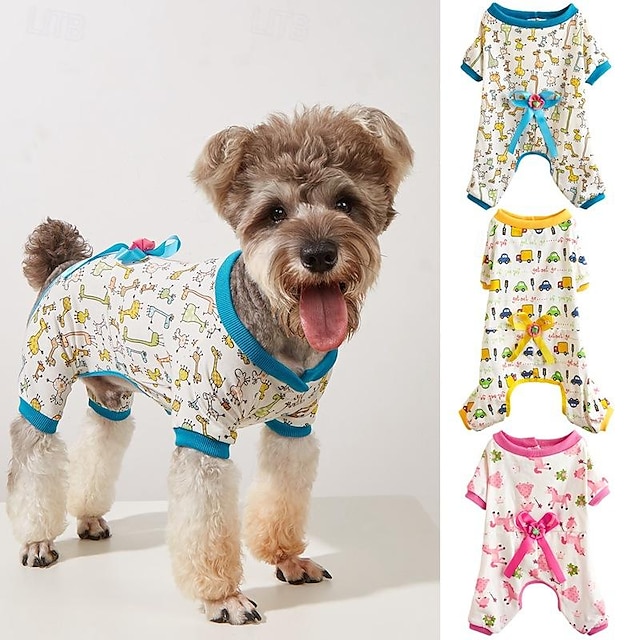  kjæledyr klær med tråder rund hals tegneserie dyrevogn trykk sløyfe bamse bado firbeinte pyjamas
