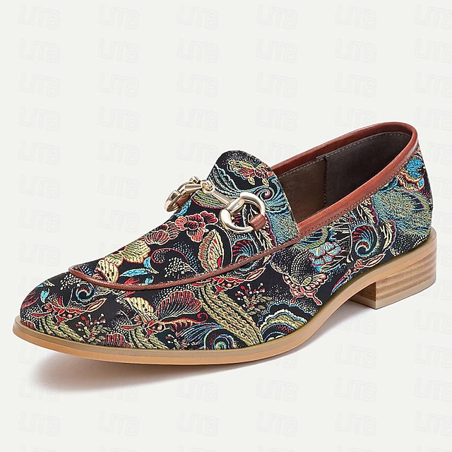  Men's Loafers Floral Embroidered Leather Chain
