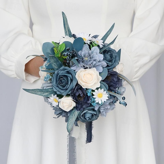  Bouquets de mariage de fleurs bleues pour mariée, bouquet de fleurs artificielles, bouquets de demoiselle d'honneur bleus pour centres de table de cérémonie de mariage, anniversaire de douche nuptiale