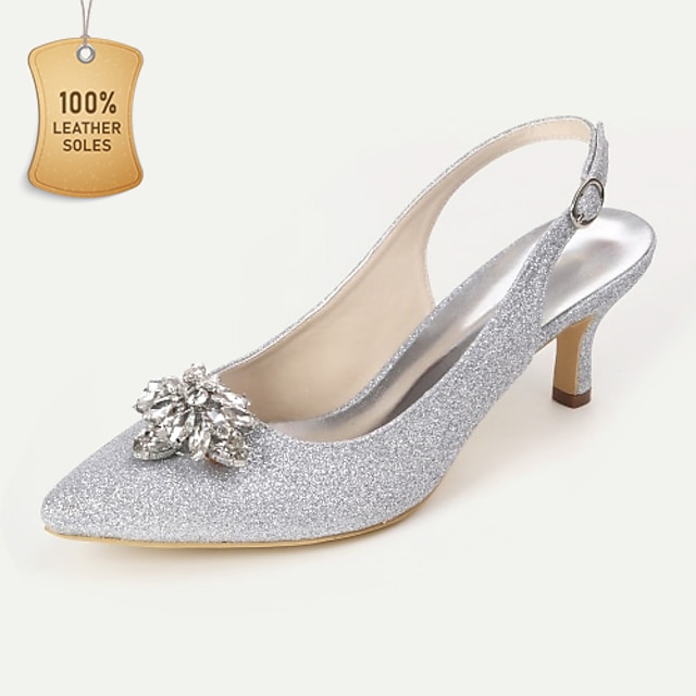  Women's Wedding Shoes Bling Bling Slingback Sparkling Shoes Bridal Shoes Crystal Kitten Heel Pointed Toe Elegant PU Gleit Ankle Strap White Silver Champagne