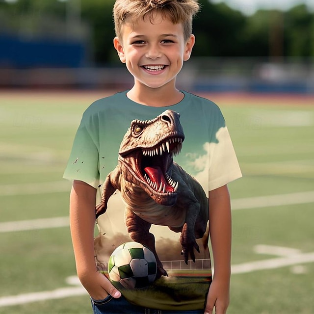  Jongens 3D Dinosaurus Voetbal T-shirt Overhemd Korte mouw 3D-afdrukken Zomer Actief Sport Modieus Polyester Kinderen 3-12 jaar Strakke ronde hals Buiten Casual Dagelijks Normale pasvorm