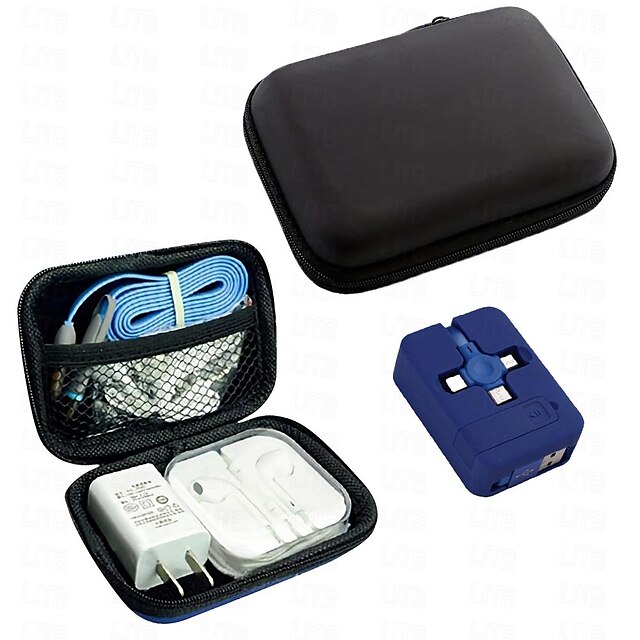  Set mit 3-in-1-Ladekabel und Kabel-Organizer-Tasche, einfache Hartschalen-Aufbewahrungstasche, tragbare, minimalistische Datenkabel-Tasche, Kopfhörer-Organizer