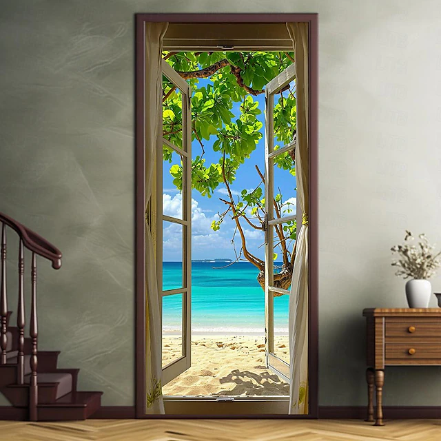 Window View Beach Door Covers Mural Decor Door Tapestry Door Curtain ...