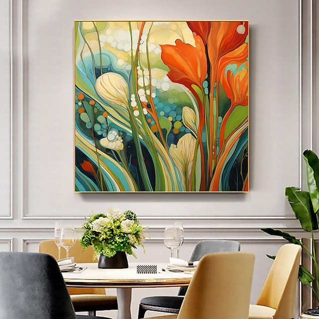  Pintura al óleo de flores original hecha a mano sobre lienzo, pintura de arte vegetal abstracto para decoración del hogar con marco estirado/sin pintura de marco interior