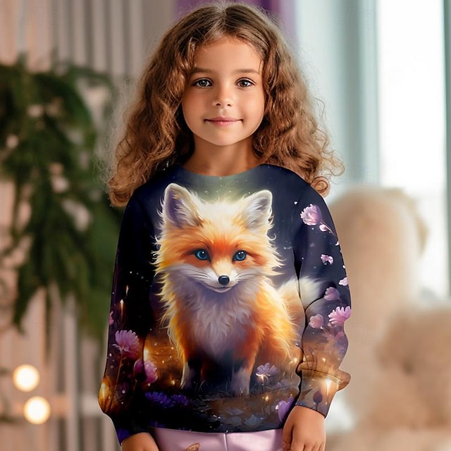  Girls' 3D Fox Sweatshirt Pullover Pink Long Sleeve 3D Print Spring Fall Active Fashion Cute Polyester Kids 3-12 Years Hooded Outdoor Casual Daily Regular Fit