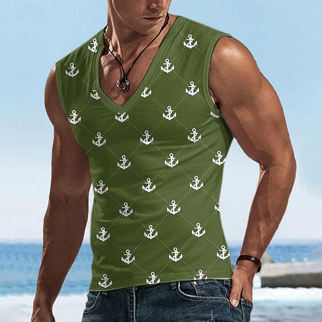  男性用 グラフィック アンカー アーガイル柄 タンクトップ ベストトップ 男性用ノースリーブTシャツ ノースリーブ Tシャツ 3Dプリント Ｖネック シャツ スポーツ ファッション カジュアル スポーツ・アウトドア 祝日 ジム用 ブラック バーガンディー グリーン 夏 衣類 S M L XL 2XL 3XL