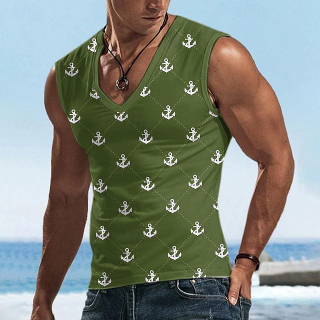 Men's Graphic Anchor Argyle Tank Top Vest Top Sleeveless T Shirt for Men Sleeveless T shirt 3D Print V Neck Shirt Sports Fashion Casual Sports Outdoor Holiday Gym Black Burgundy Green Summer Clothing 9
