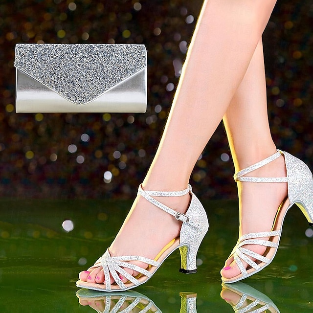  Women's Latin Shoes Dance Shoes and Clutch Bag Set Indoor Professional ChaCha Sparkling Shoes Heel Glitter Cuban Heel Open Toe Buckle Silver Gold