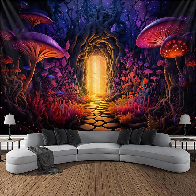 Blacklight Tapestry UV Reactive Glow in the Dark Glow Party Neon Mushrooms Forest Psychedelic Trippy Misty Hanging Tapestry Wall Art Mural for Living 12