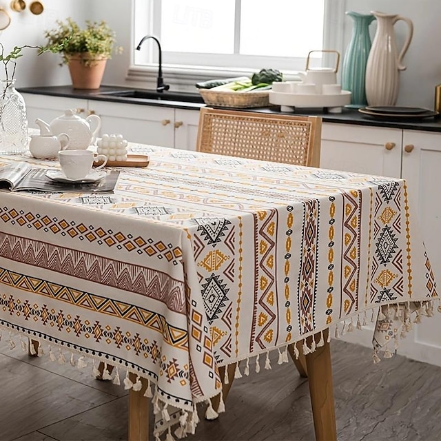  1 rechteckige Tischdecke im Boho-Stil mit Quasten – wasser- und ölbeständige Heimdekoration