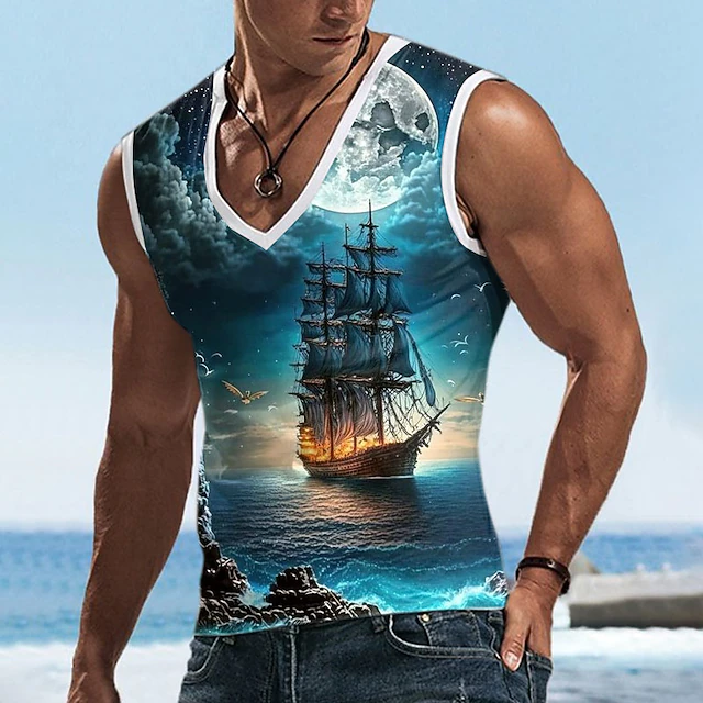 Men's Graphic Sailboat Tank Top Vest Top Sleeveless T Shirt for Men Sleeveless T shirt 3D Print V Neck Shirt Daily Designer Casual Sports Outdoor Holiday Gym Blue Sky Blue Orange Summer Clothing 10