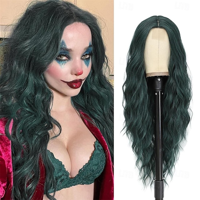  Pelucas de halloween peluca larga cosplay verde peluca sintética de parte media de 28 pulgadas regalos de halloween realistas pelucas de fiesta para mujeres uso diario pelucas coloridas pelucas del