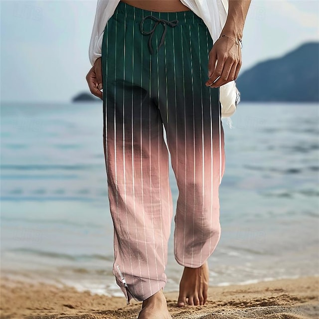  Мужские повседневные брюки в полоску с 3D принтом и эластичной резинкой на талии, свободные летние пляжные брюки прямого кроя от S до 3XL