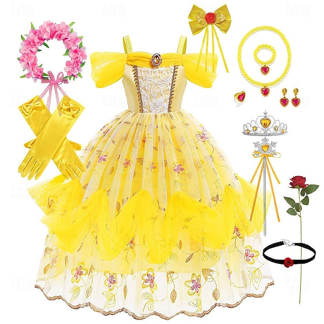  Η Πεντάμορφη και το τέρας Πριγκίπισσα Καλλονή Φορέματα Φόρεμα κορίτσι λουλουδιών Κοριτσίστικα Στολές Ηρώων Ταινιών χαριτωμένο στυλ Περούκα Γάντια Μεσοφόρι Απόκριες Η Μέρα των Παιδιών