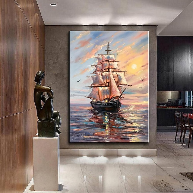  grand bateau peinture peint à la main océan peinture à l'huile fait à la main voile art voilier peinture décor paisible mur art bord de mer décor bateau en mer coucher de soleil peinture pour