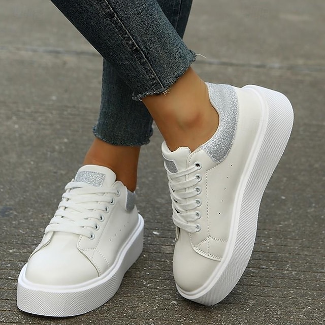 Women's Sneakers White Shoes Sequin Flat Heel Sporty PU Lace-up Silver ...
