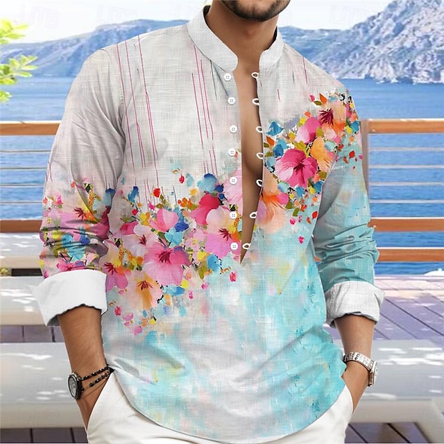  cămașă henley imprimată 3d în stil hawaian pentru bărbați cu flori pentru bărbați, îmbrăcăminte zilnică ieșire în vacanță, primăvară, guler în picioare, mânecă lungă, cămașă albastru deschis, roz, albastru s, m, l