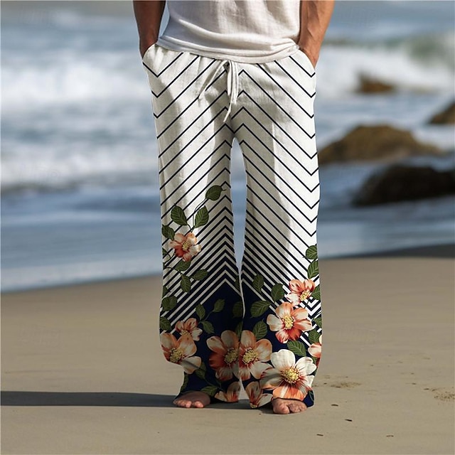  Floral Stripe Men's Resort 3D Printed Casual Pants Trousers Elastic Waist Drawstring Loose Fit Straight-Leg Summer Beach Pants S TO 3XL