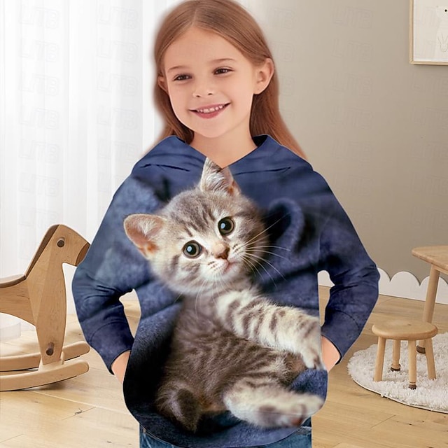  Girls' 3D Cat Hoodie Pullover Long Sleeve 3D Print Spring Fall Active Fashion Cute Kids 3-12 Years 4-12 Years Hooded Outdoor Casual Daily Regular Fit