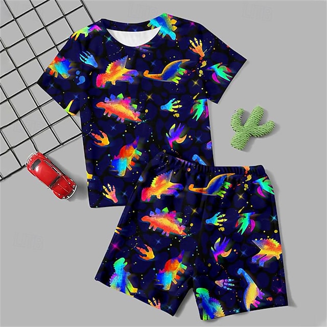  Boys 3D Dinosaur Tee & Pants Pajama Set Short Sleeve 3D Print Summer Active Fashion Daily Polyester Kids 3-12 Years Crew Neck Home Causal Indoor Regular Fit