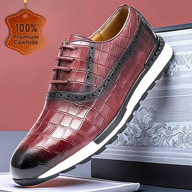 Men's Crocodile Pattern Leather Lace-Up Casual Shoes - Comfortable Oxford Sneakers for Everyday Wear 19